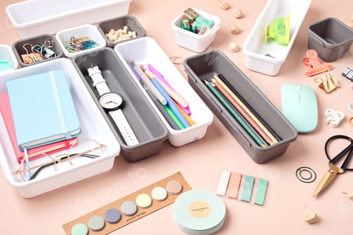 Preview: Desktop organization. Cleaning up messy stationary in plastic organizers