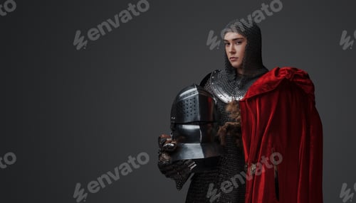 Preview: Brave knight woman with red cloak and helmet