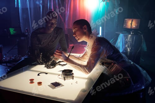 Preview: Young male and female cyberpunks working with electronic equipment