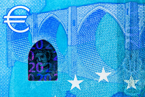 Preview: Closeup of EURO banknote details - world money, inflation and economy concept