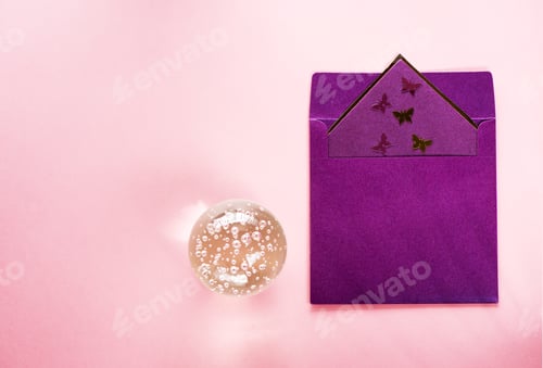 Preview: Envelope with a postcard, a press for papers and butterfly decoration.