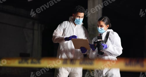Preview: Forensics team, report and crime scene investigation with clipboard, talking or show evidence at ni
