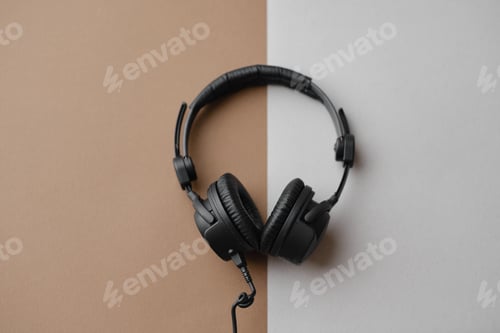 Preview: Flat lay composition with black studio headphones on brown background