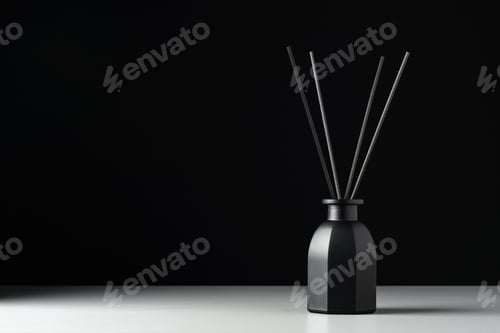 Preview: Black Reed Diffuser Bottle On White Surface Against Black Background