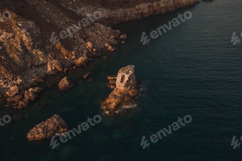 Preview: Aerial top evening view drone above Adriatic sea in Montenegro. panoramic marine mountain sunset