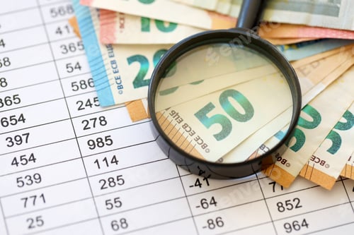 Preview: Business and savings concept with many euro money bills and magnifying glass