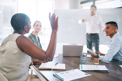 Preview: Business woman with a question, in a meeting and communication with team in office. Corporate peopl