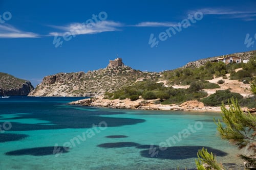 Preview: Coast and sea with distant view of castle, Cabrera National Park, Cabrera, Balearic Islands, Spain