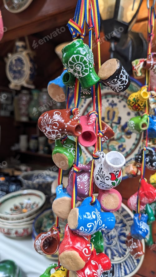 Preview: Romanian traditional ceramic small pot souvenirs at local folklore market.