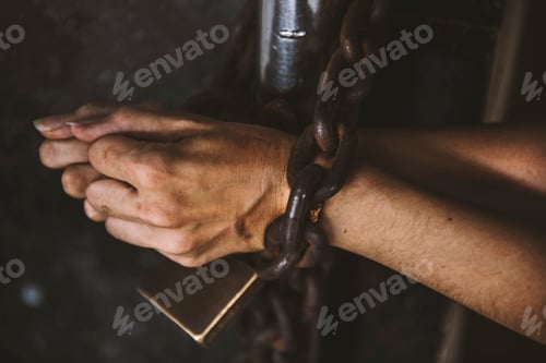 Preview: Two Hands got Chained with Padlock on Bars Prisoner