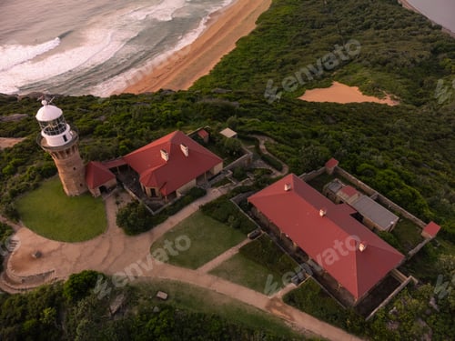 Preview: Aerial view of the Barrenjoey Lighthouse in the evening in Pittwater, Australia