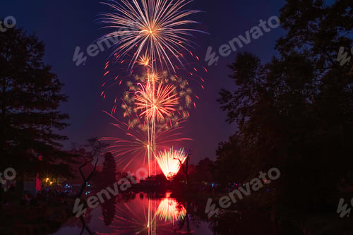 Fireworks Exploding at Night over a Crowd of People