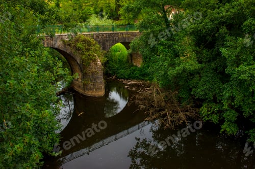 Preview: Tranquil river in green vegetation with aged bridge