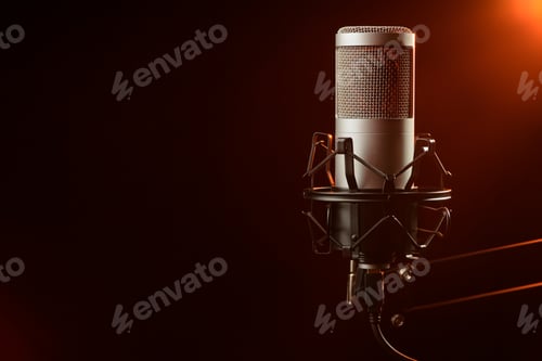 Preview: Microphone on the stage with orange light beam. Live music, concert or entertainment.