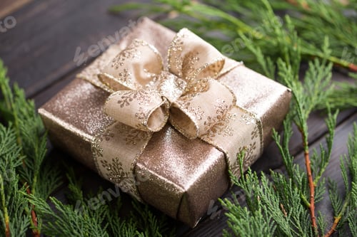 Preview: Sparkly Present with Gold Ribbon and Evergreen Branches