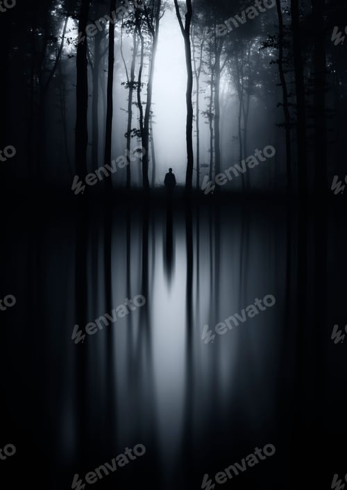Preview: Haunted forest dark lake reflection