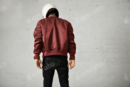 Preview: Man with Helmet and Burgundy Bomber Jacket