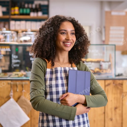 Preview: Smiling Young Woman Wearing Apron Working In Food Shop Using Digital Tablet