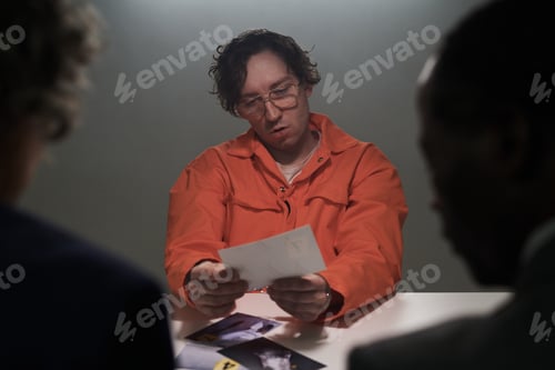 Preview: Examining Photos in Orange Jumpsuit in Serious Setting