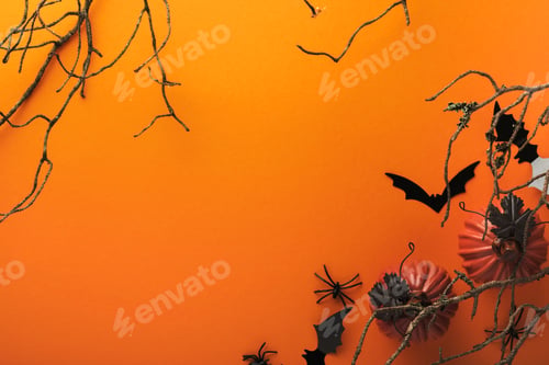 Preview: Halloween background. Flock of black bats, spider, pumpkin, skeleton and leaves for Halloween. Black