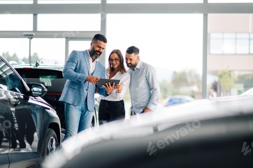 Preview: Tablet-driven auto selection in a bright car dealership setting.