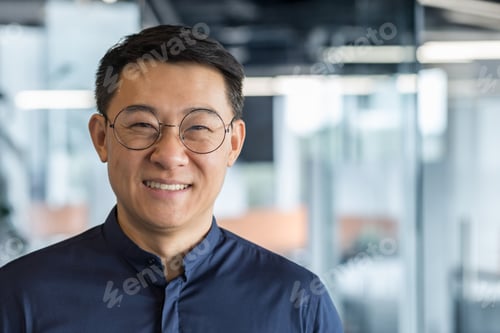 Preview: Close up photo portrait of successful young Asian investor, man in glasses smiling and looking at