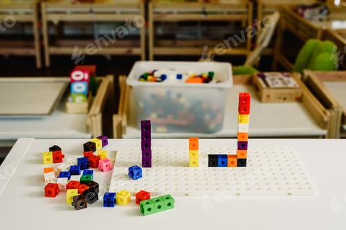 Preview: Montessori material, game to learn addition, made in colorful plastic blocks,
