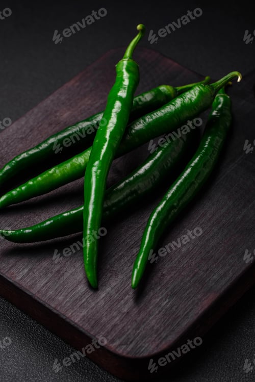 Preview: Fresh hot green chili peppers on a dark concrete background