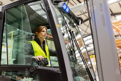 Preview: Female warehouse worker driving forklift. Warehouse worker preparing products for shipmennt