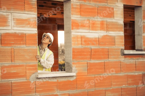 Preview: Professional Engineer Architect Worker With Protective Helmet At House Building Construction Site