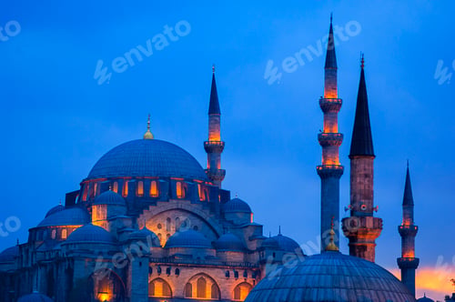 Preview: Rooftop detail of Blue Mosque Istanbul, Sultan Ahmed Mosque at night, Turkey