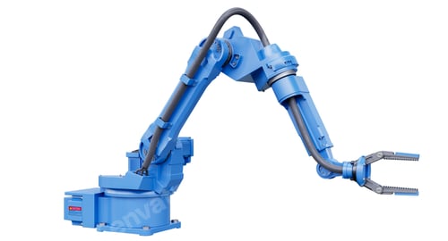 Preview: Blue robotic arm with gripper standing on transparent background