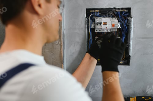 Preview: Electrician worker at work on an electrical panel