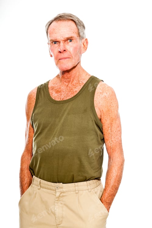 Preview: Expressive Good Looking Senior Man Casual Summer Dressed Against White Wall. Happy, Funny And