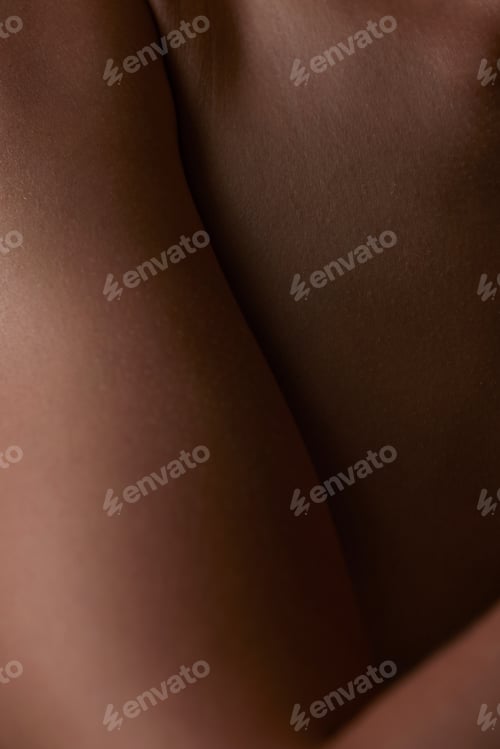Preview: Healthy, skincare and closeup of woman and body for beauty, cosmetics or wellness in brown backgrou