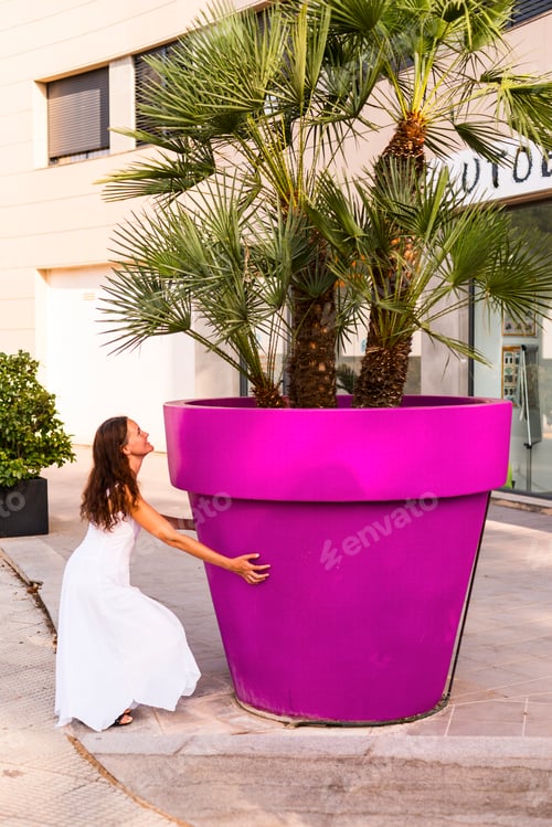 Preview: Woman Hugging Huge, Brightly Colored Planter in City