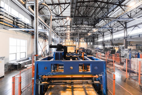 Preview: Fiberglass production industry equipment at manufacture background, wide-focus lens