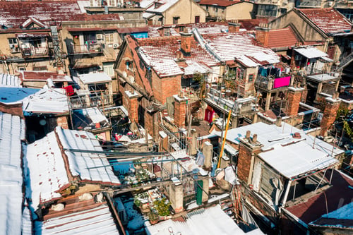 Preview: Aerial shot of buildings covered in snow in Wuhan, China.