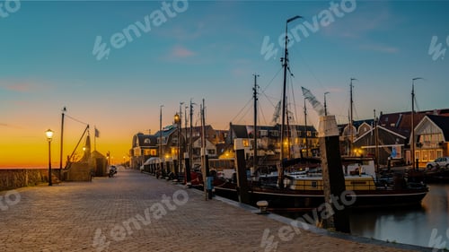 Preview: Urk Flevoland Netherlands sunset at the lighthouse and harbor of Urk Holland. Fishing village Urk