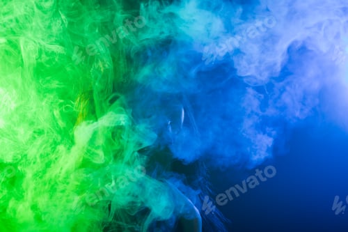 Preview: Young woman in neon light and smoke of e-cigarettes or vape
