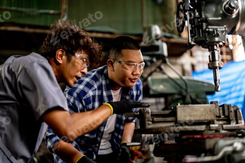 Vista previa: Trabajador asiático en una planta de producción perforando en una máquina.