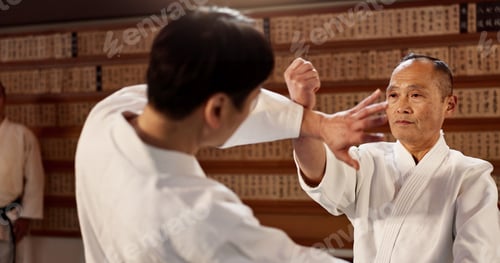 Preview: Men, aikido fighting or sensei for combat, training or black belt students for martial arts. Energy