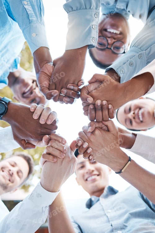 Preview: Low angle, business people and holding hands in support circle, community partnership or team build