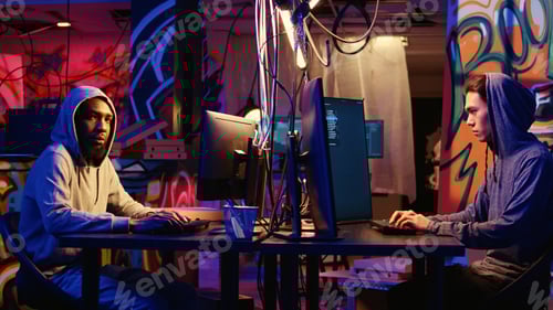 Preview: Hooded Young Adults Coding in Graffiti Decorated Room