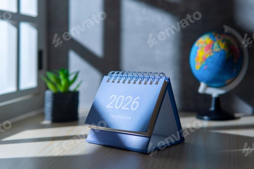 Preview: Blue 2026 desk calendar placed on a wooden table near a window
