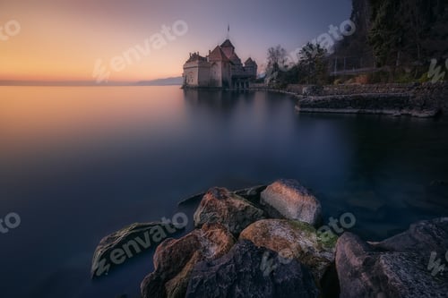 Preview: Peaceful landscape of lake in sunset time