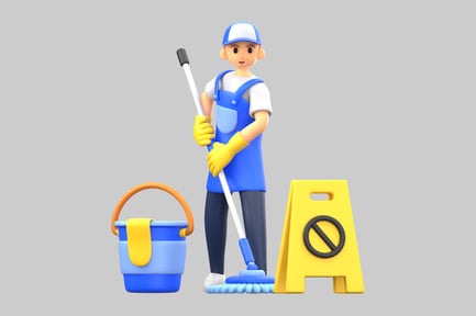 Preview: Cartoon janitor cleaning with wet sign