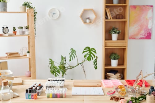 Preview: Workplace of soap maker in studio with set of supplies and equipment on table