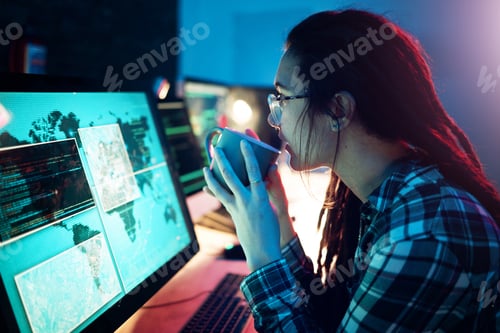 Preview: Computer screen, cyber security or woman hacker in dark room at night for coding, phishing or block