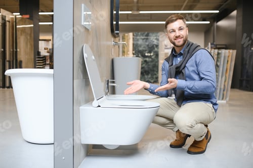 Preview: Man choosing home toilet in store